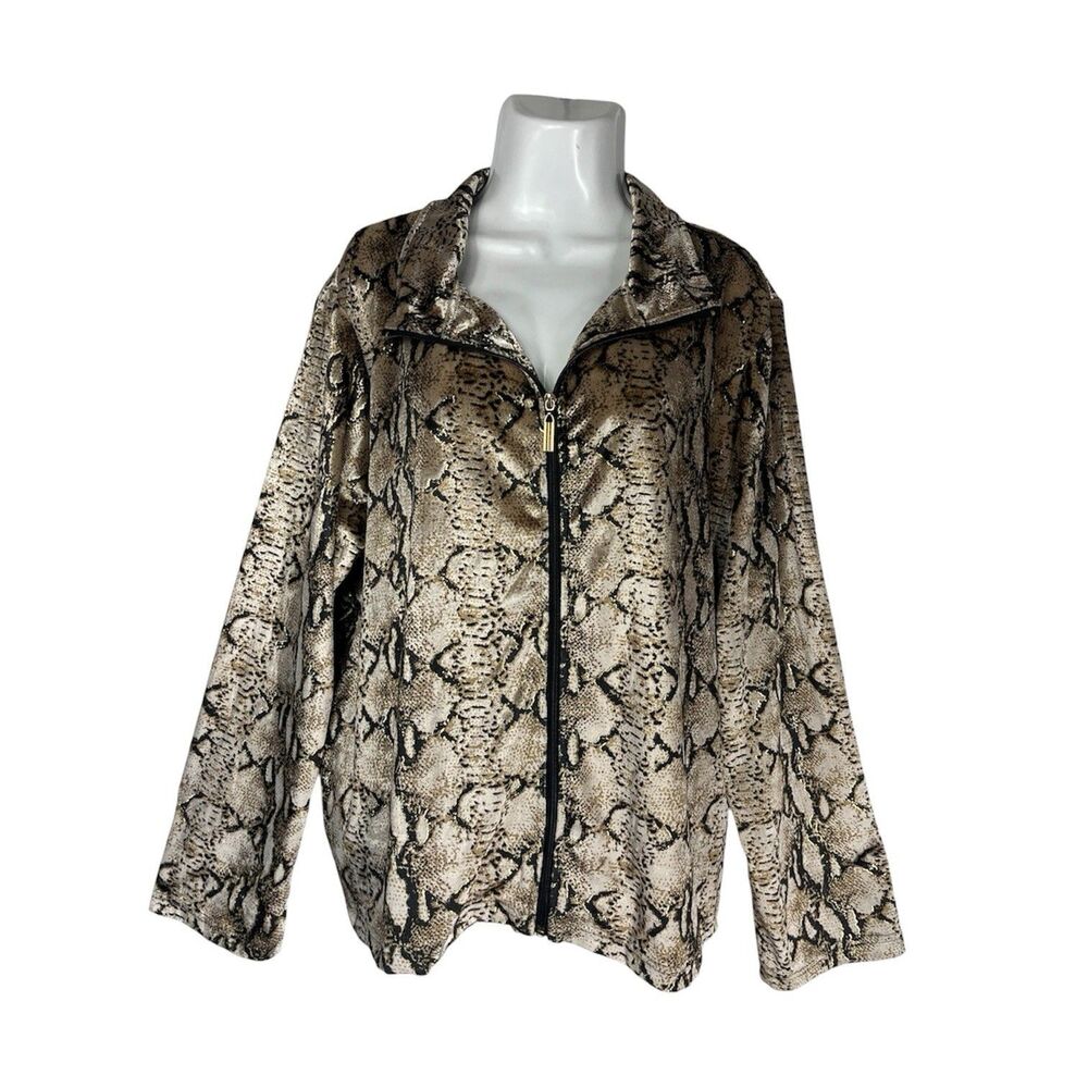 Mirror Image Women 3X Velour Snake Print Zip Jacket Metallic Gold Pockets Plus